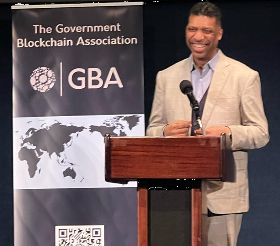 Darrell Hubbard presenting at the Government Blockchain Association